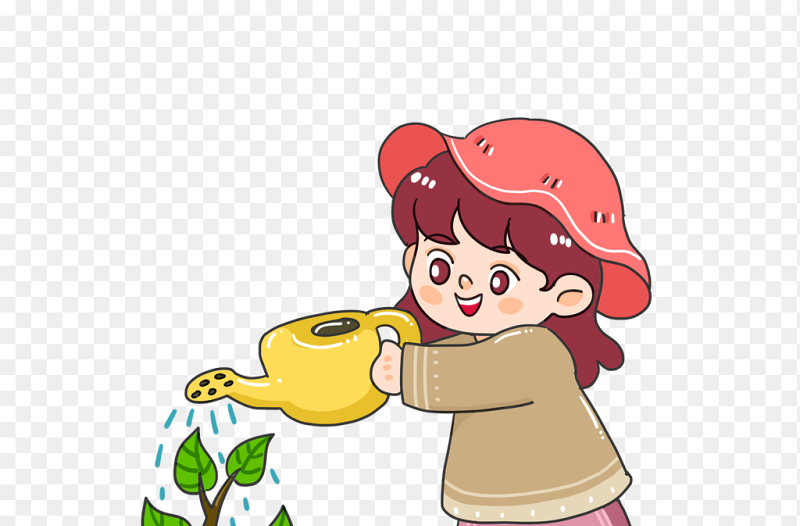 卡通风小女孩浇水种植小树苗植树节免抠元素苏此