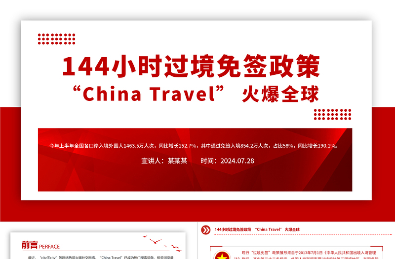 144小时过境免签政策PPT精美时尚“China Travel” 火爆全球课件模板