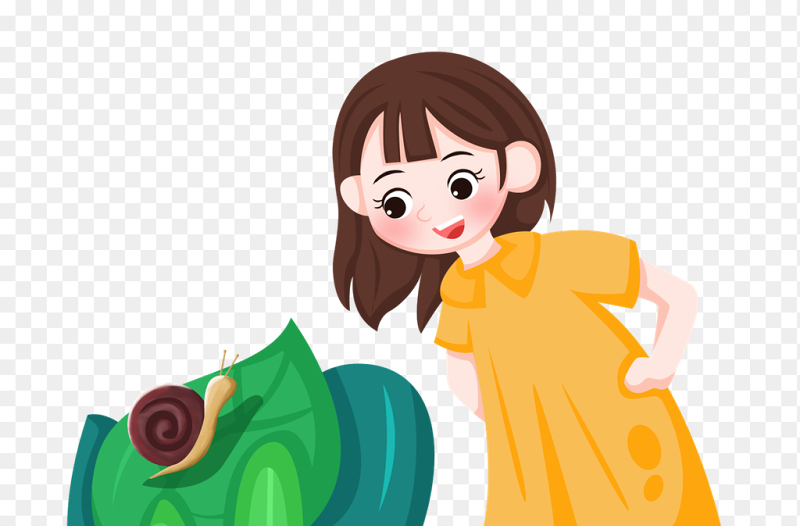 卡通人物可爱小女孩观察蜗牛中国传统二十四节气惊蛰时节主题素材免抠元素