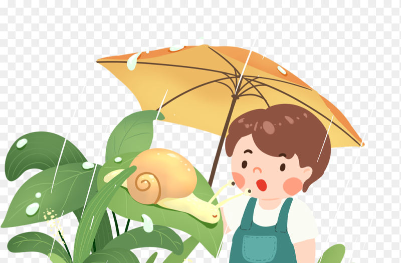 卡通人物男孩打伞踩水中国传统二十四节气谷雨时节主题素材免抠元素