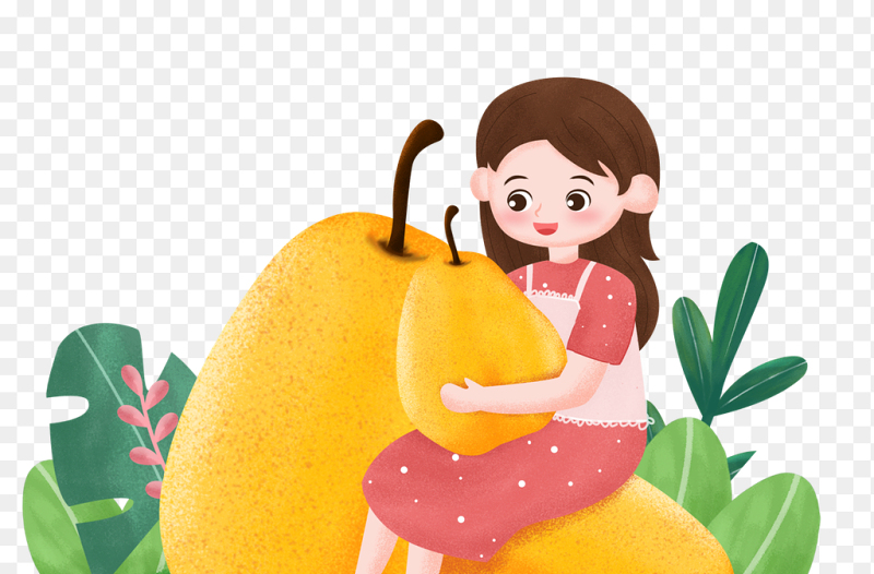 卡通人物小女孩抱梨植物绿植中国传统二十四节气惊蛰时节主题素材免抠元素