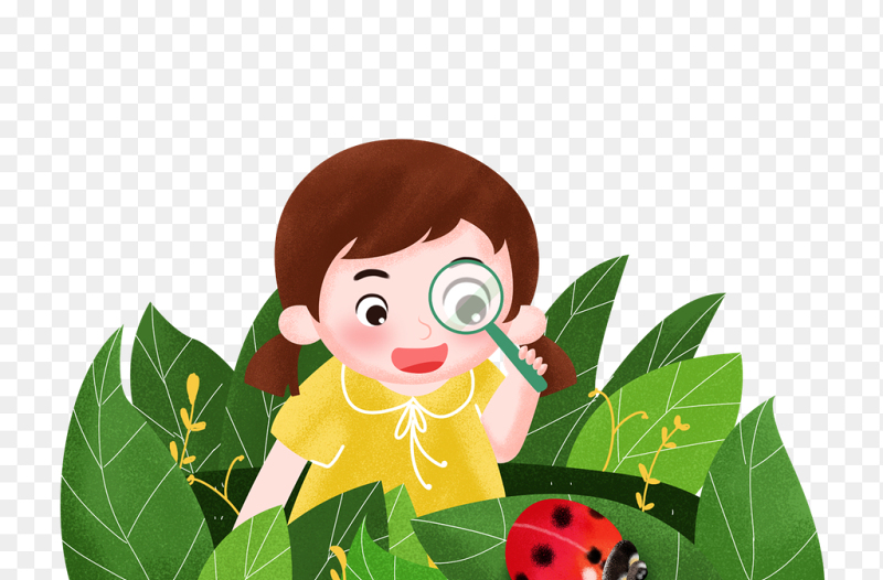 可爱小女孩观察瓢虫昆虫植物绿植卡通人物中国传统二十四节气惊蛰时节主题素材免抠元素