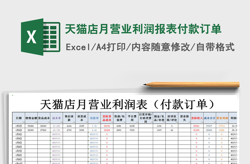 2021年天猫店月营业利润报表付款订单