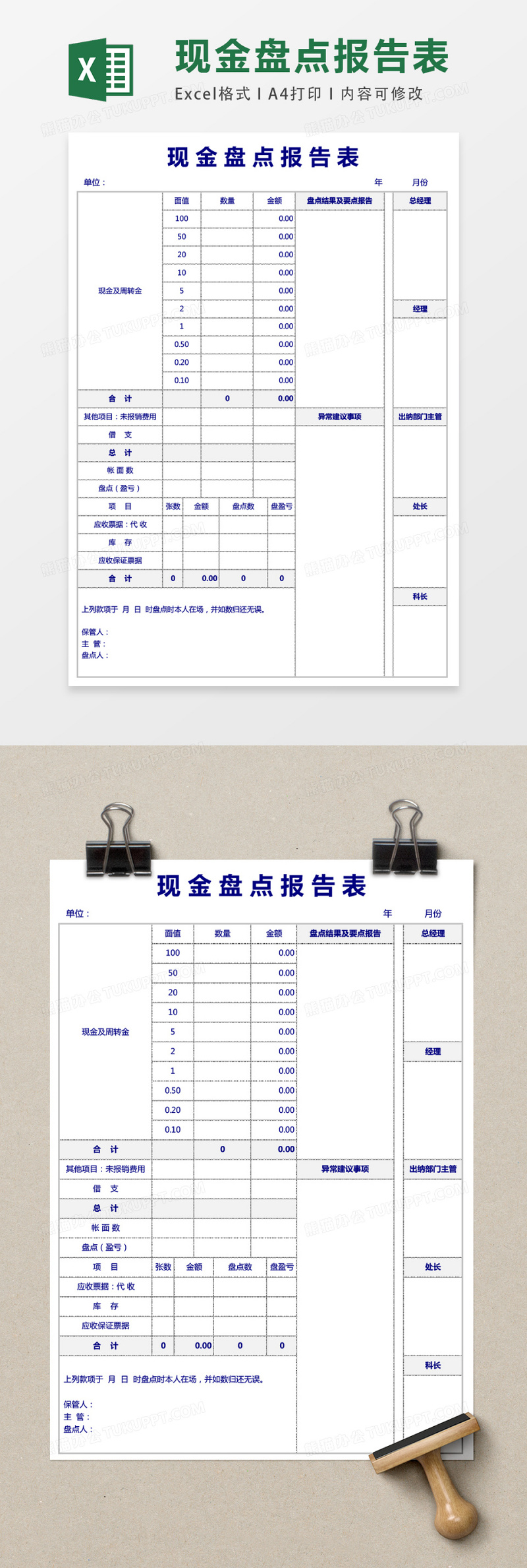 現金盤點報告表excel模版表格