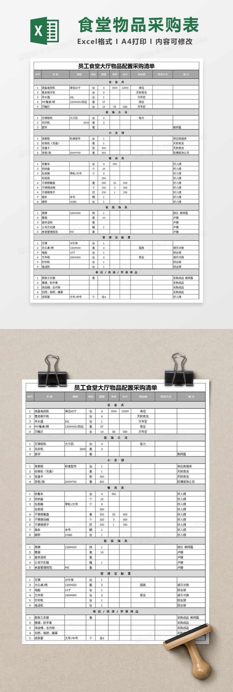 員工食堂物品採購配置清單excel模板-excel表格-工圖網