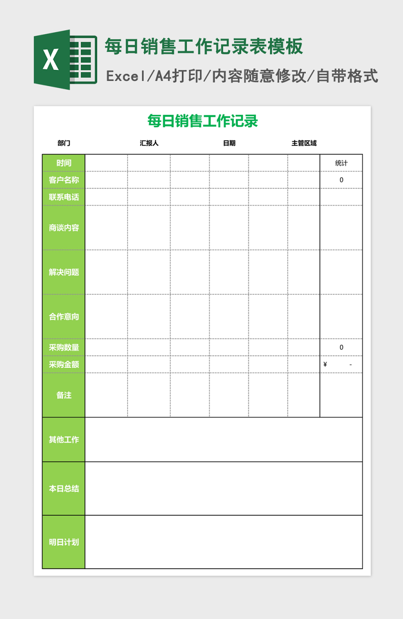 每日銷售工作記錄表excel表格模板