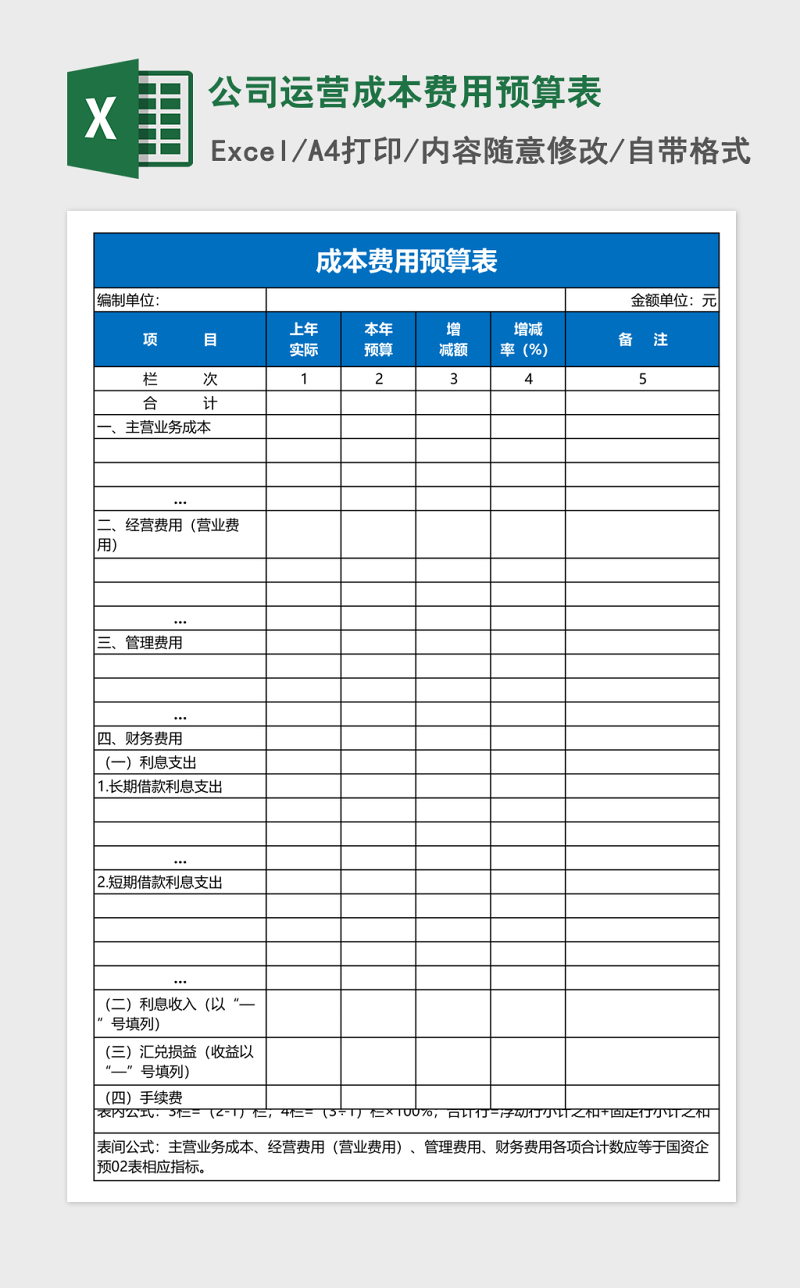 公司運營成本費用預算表excel表格