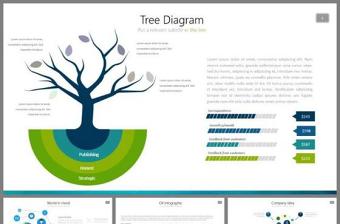 蓝绿配色半环形树枝造型创意图表PPT模板