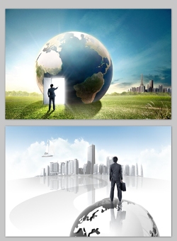 商务人物与地球现代城市商务图片
