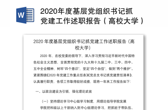 2020年度基层党组织书记抓党建工作述职报告（高校大学）