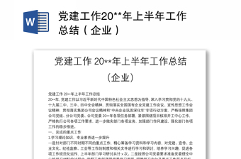 党建工作20**年上半年工作总结（企业）