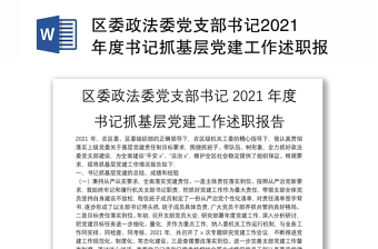 区委政法委党支部书记2021年度书记抓基层党建工作述职报告