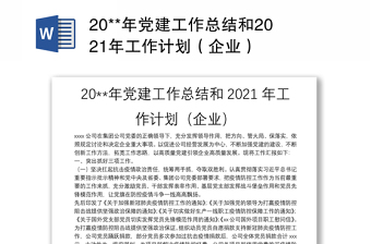 20**年党建工作总结和2021年工作计划（企业）