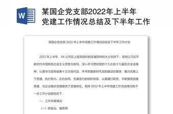 某国企党支部2022年上半年党建工作情况总结及下半年工作计划