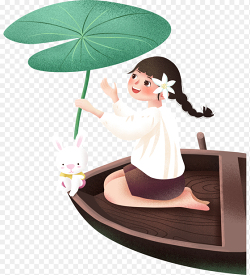 卡通人物女孩泛舟小船荷叶遮挡雨水小兔子装饰中国传统二十四节气雨水素材免抠元素