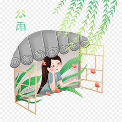谷雨时节卡通人物小女孩窗口观赏插画中国传统二十四节气谷雨时节主题素材免抠元素