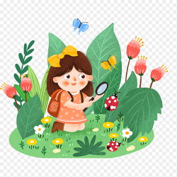 可爱小女孩卡通人物观察发现春植物花草瓢虫蝴蝶昆虫春天春季免抠元素素材