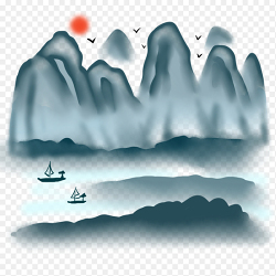 创意插画江南美景山河山脉小船船只湖面泛舟前行免抠元素素材