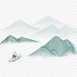 创意中国风手绘山水山峰山脉云雾环绕朦胧船只小船免抠元素素材